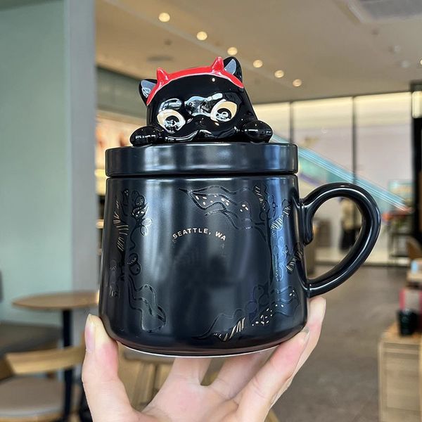 

355ml Hallowen Black cat cartoon Ceramic Cup with Lid Spoon Large Capacity star bk coffee mugs, Fluorescent green