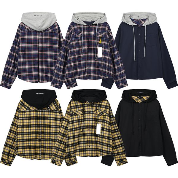 

Spring Winter Men Shoulder Long Sleeve Cotton Coat Button Oversized Blue Hooded Plaid Stitching Jacket Both Side