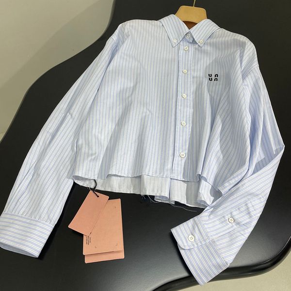 

Stripped Cropped Shirts Women Button Down Blouses Designer Long Sleeve Blue Tops Elegant Casual Letters Embroidered Shirt