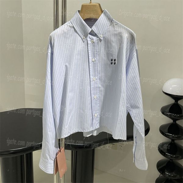 

Stripped Cropped Shirts Women Button Down Blouses Designer Long Sleeve Blue Tops Elegant Casual Letters Embroidered Shirt c9
