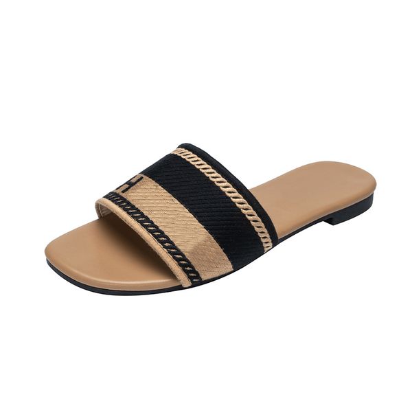 

Sliders designer slide women sandals Embroidered slippers girls beach black white animal prints summer flat flip ps slides ral brocade striped gear, Khaki