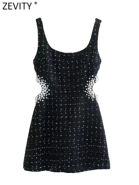 

Zevity Women Sexy Waist Hollow Out Pearl Appliques Tweed Woolen Slim Mini Dress Female Chic Back Zipper Sling Vestidos DS2148 241011, As pic ds2148hh