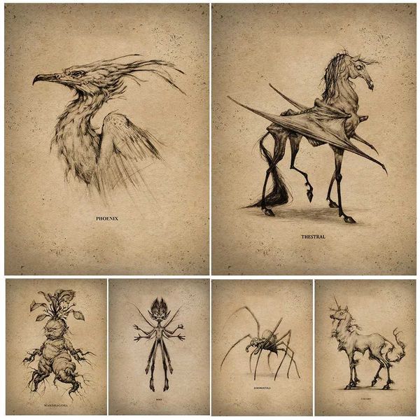 Winged Horse and Mandela Death Omen Magic Creatures Illustration Art Printing Four footed Fairy and Phoenix Poster Printing Decoration W241010