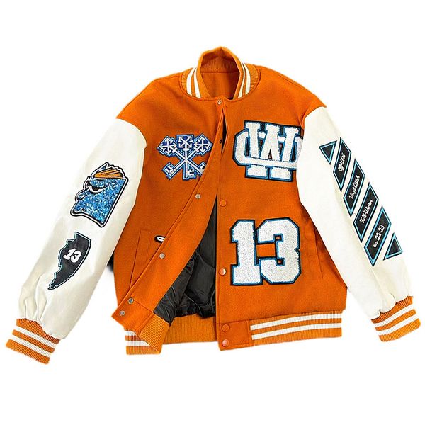 

Autumn Men Outwear Bomber Coat Varsity Letter Embroidery Patchwork Stand Collar Baseball Jacket Designer Leather Sleeve Black