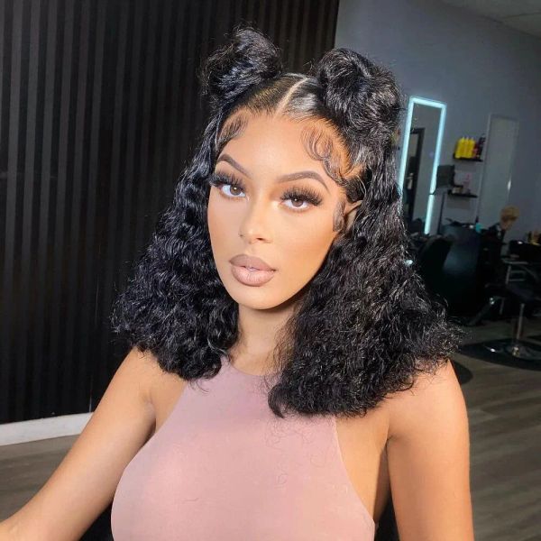 14inch European and American Simulation human hair lace front wigs African explosive hair set black small curly wig high temperature silk wig