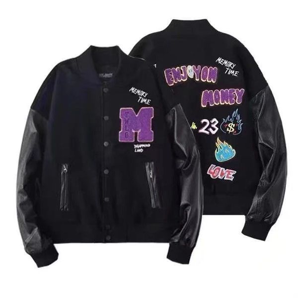 

Autumn Gray Woolen Windproof Outdoor Men Sports Button Varsity Coat Man Leather Sleeve Oversized Baseball Jacket Letter Embroidery, White
