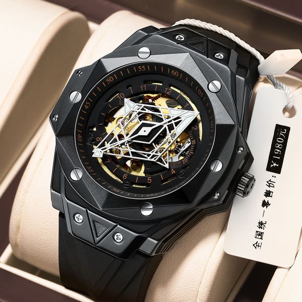 

Original Design Swiss Watch Atmospheric Shaped Hollow Full-automatic Mechanical Sports Trend Student Tattooed Large Dial Mens Watches, Black skin white steel