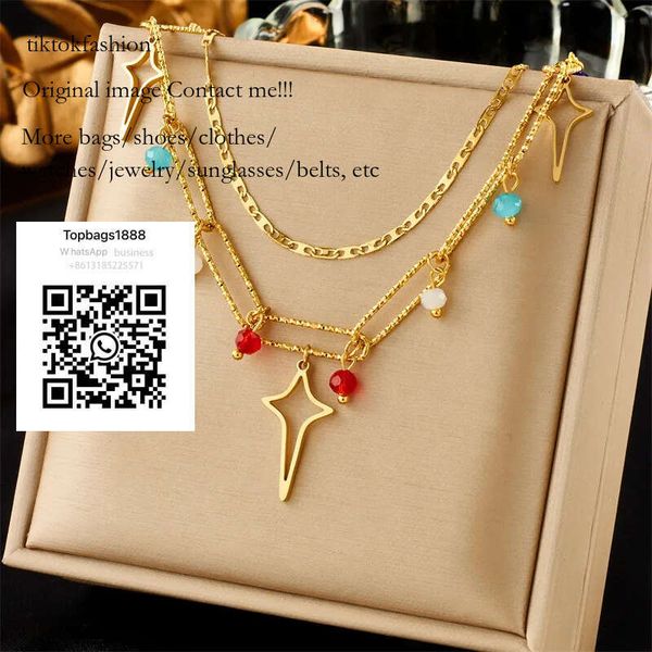 

Colored Double Vintage Layered Pearl Chain Hollowed Out Star Lock Necklace Charm Stainless Steel Necklaces Woman Girls Summer