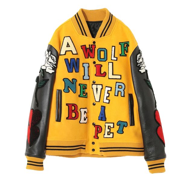 

Causal Outerwear Men Varsity Cotton Baseball Coat Man Bomber Jacket Woolen Letter Embroidery Patchwork Baseball Jersey Black, Yellow