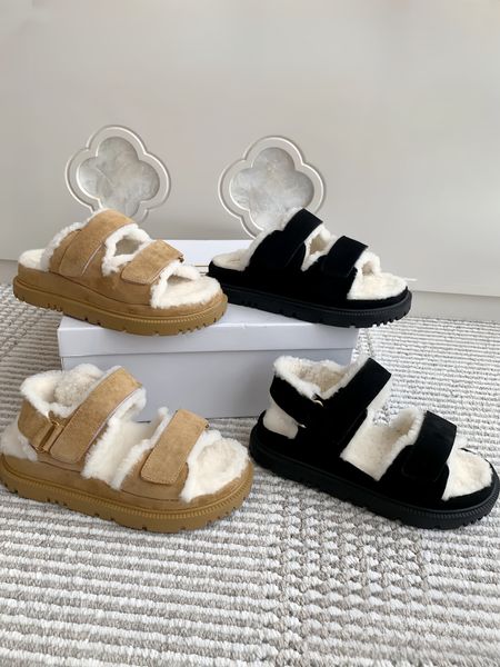 Designer Woman furry Slippers women outdoor Suede Goatskinslide presents a modern silhouette with suede goatskin upper and shearling-effect lining slide size 35-42