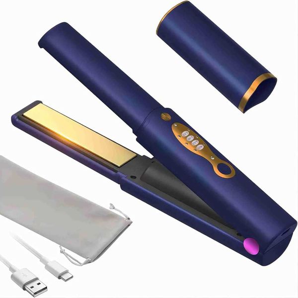 

Cordless Straighteners Titanium Portable Flat Iron 5000 mAh Wireless Hair Straightener 2 in 1 for Straightening and CurgXJ241016, Gold