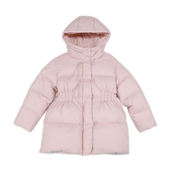 

Elegant Slim Waist Design Zipper Puffer Jacket Windproof with Hood & Button Decorations Dyed White Duck down Winter, Pink