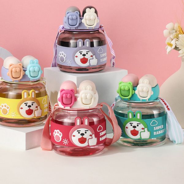 

High appearance level pot-belly cup Large capacity anti-drop plastic kettle Cartoon portable straw water cup flower teacup, Green