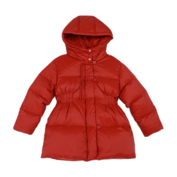 

Elegant Women's Winter Slim Waist Design Puffer Jacket with Hood Windproof Zipper Decorations Dyed White Duck down, Red