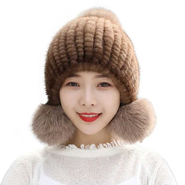 

genuine 100% mink winter Beanie knitted bean Russian girl with fox fur Pom thick womens hat elastic ha yes, Pink
