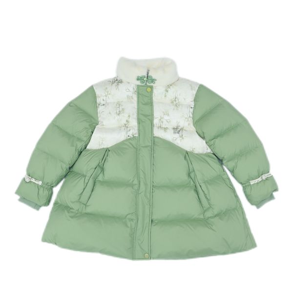 

Girls' Elegant Winter Coat New Design Chinese Style Bamboo Pattern Digital Print Women's Shearling Puffer Jacket Hooded Fur, Green