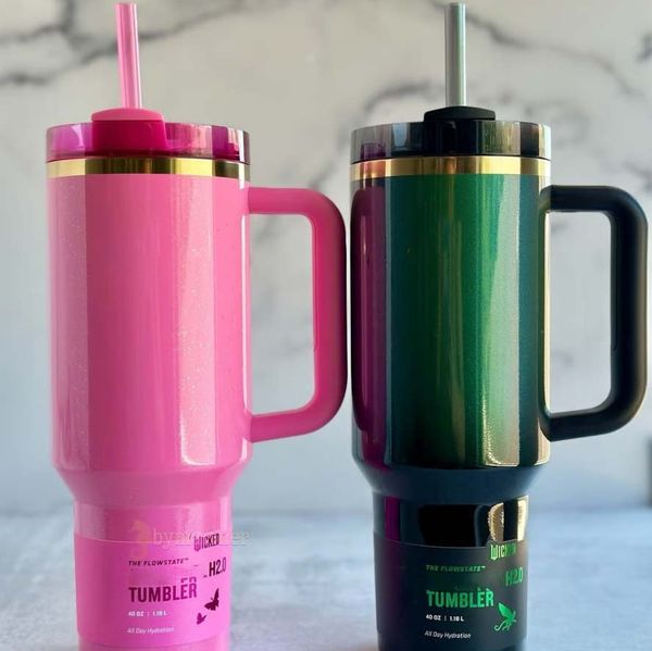 

US Stock Wicked 40Oz Blue Tumblers Bow Cap Love Shack Fancy Stainless Steel Cups Magnolia Pink Rose Lilac 40 OZ Purple Stars Car Mug With Handle Lid And Straw, Multi-color