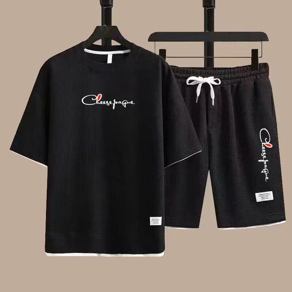 

Summer Men' printed Fitness Casual training Brand tracksuit mesh breathable short sleeve T-shirt jogging shorts 2 sets Plus Size -3XL, Dark grey