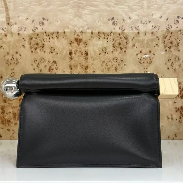 

Mirror Designer Sheep Leather Evening 28cm Large Pocket Round Clutch Bag Party Dinner Special Events Purse And Tote Shoulder Bag, Sier Chain Strap, Black