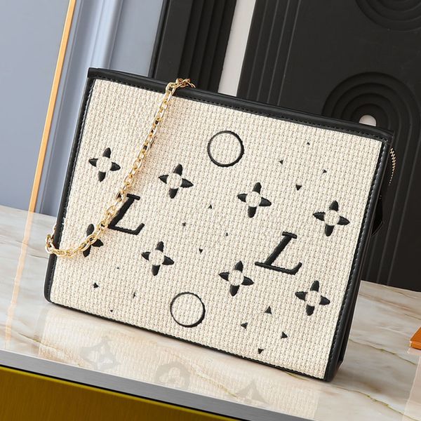 

Designer Womens Fashion Woven Tote Bag Large Capacity Detachable Gold Metal Chain Shoulder Bag Womens Purse Clutch Bag, Beige