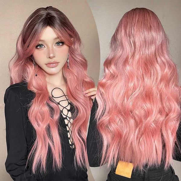 

Long Wavy Pink Ombre Cosplay Wig with Bangs - Heat Resistant Synthetic Fiber for Women's Party, #130