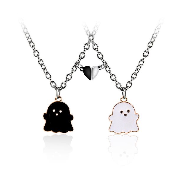 

Black and white Ghost cartoon necklace Halloween Gift Jewelry Magnetic magnet pendant personality couple stainless steel necklace