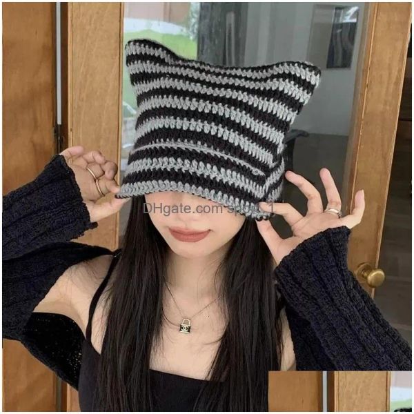 

Women Contrast Cute Devil Horns Hat Beanie/Skull Caps Beanieskull Striped Beanie With Cat Ear Girls Handmade Cloghet Winter Warm Ski BFP2410239 PTP3, Grey