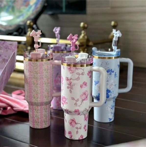 

US Stock 14oz 40oz TUMBLER Love Shack Fancy Christmas Limited Rosa Beaux pink Tumblers Bow Cap Cup Mug With Handle, Multi-color