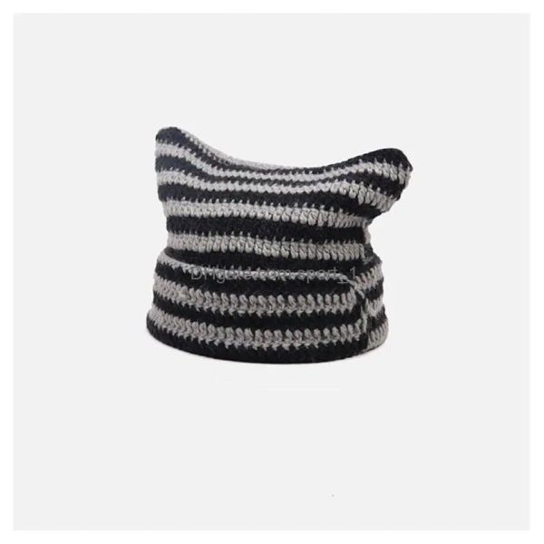 

Designer Beanieskull Striped Beanie With Cat Ear Beanie/Skull Caps Women Contrast Cute Devil Horns Hat Girls Handmade Cloghet Winter Warm Ski BFP2410239 PTP5, Gold