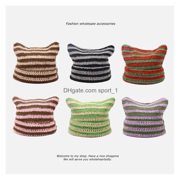 

Designer Skull Caps Beanieskull Striped Beanie With Cat Ear Women Contrast Cute Devil Horns Beanie Hat Girls Handmade Cloghet Winter Warm Ski BFP2410239 PTP4, Red