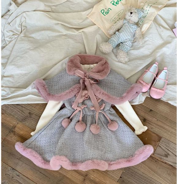 

Fashion Girls Set 24 New Winter Thickened Small Fragrant Wind Fur Cloak Coat Children Sweet Ball Dress Y241025, Ivorie
