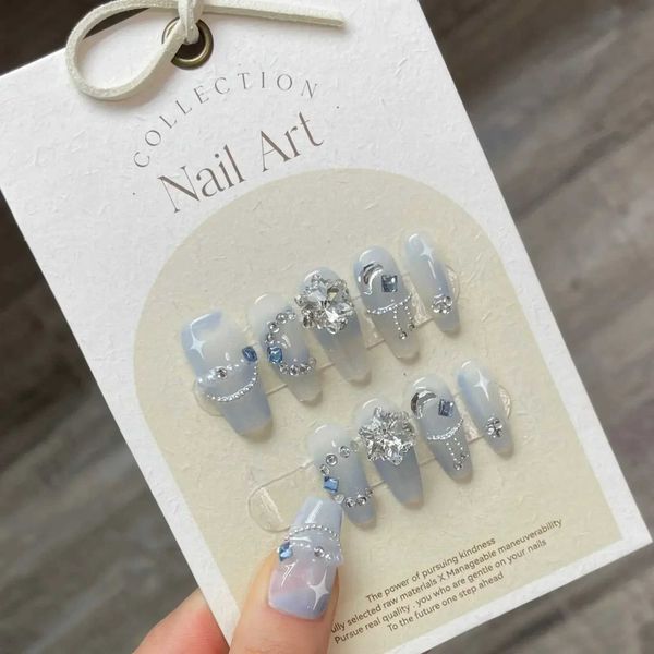 

10Pcs Blue Handmade Snowflakes Ballet Press On Nails with Rhies, Black