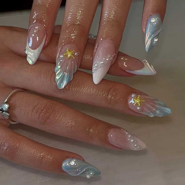 

Blue Shell Al Press on Nails, 24 Pcs 3D French Full Cover Long Fake Kit Wearable False Nails with Pearl Design