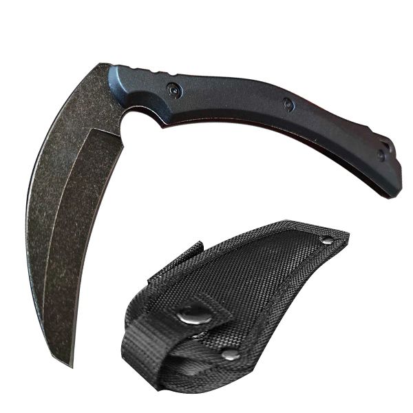 

Survival Utility Sickle Knife Black Stonewash Multifuntional Full Tang Outdoor Axe Knife Camping Hunting Tools PU Protection Leather Sheath