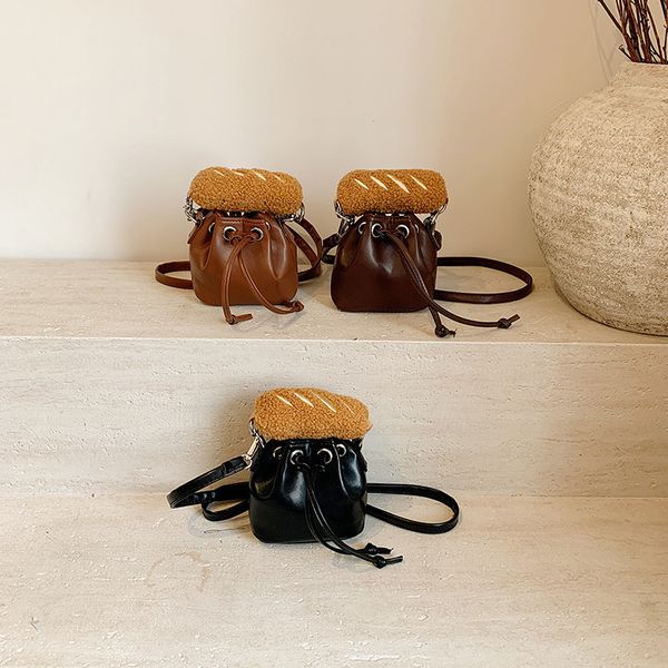 

INS Girls Plush bread handbags kids leather single shoulder Drawstring mini bucket bag fashion children crossbody bags S2350, Black