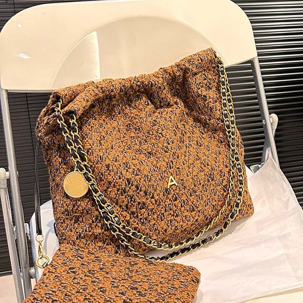 

Designer Women Woven Woolen Tweed Hobo 22Bag Brand C Chain Drawstring Shopping Bag Lady Coin Charm Large Shopper With Pouch 29cm, White