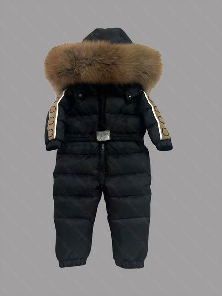

White Duck Down Kid's Winter Romper: Real Fur Collar, Thickened & Warm Jumpsuit, Black