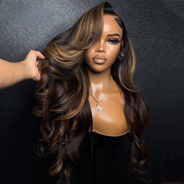 

Peruvian Transparent 13x4 Frontal Body Wave Human Hair Wigs Brown Stripe Highlights Synthetic Closure Lace Wig Pre Plucked for Women, Ombre color