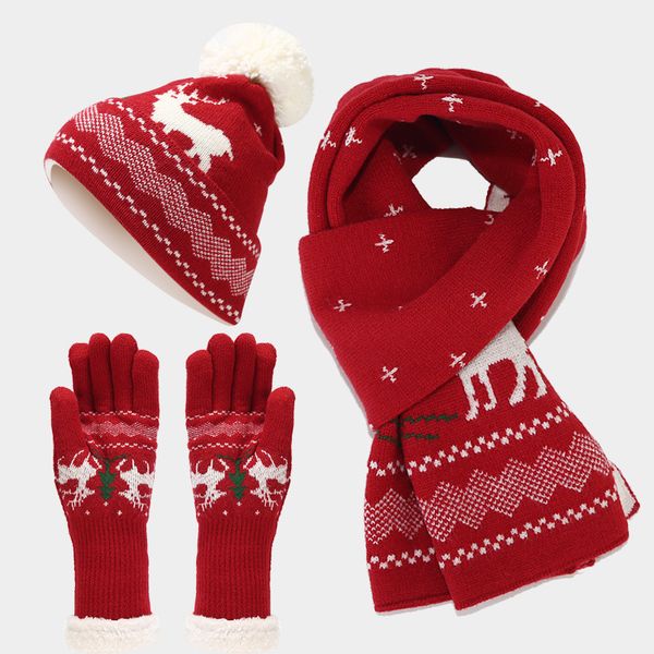 

Christmas new elk jacquard wool hat scarf gloves autumn and winter ladies warm three-piece knit set