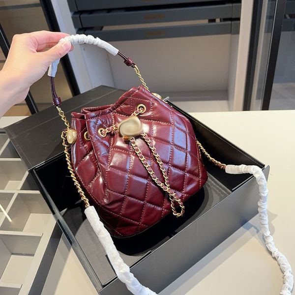 

Mini Cowhide Bucket Backpack 22cm Stylish Womens Shoulder Bag Leather Diamond Gold Hardware Metal Luxury Handbag Matelasse Chain Crossbody Bags Makeup Bags Purse, Burgundy