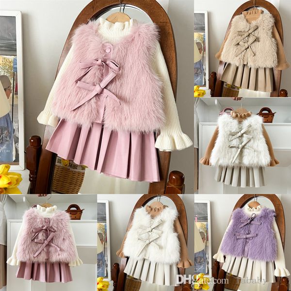

Kids Clothes Cute Skirt For Baby Girls 2024 Autumn Winter Stylish Two Piece Princess Dresses Set Imitation Fur Vest Coat And Pu Pleated Skirts Sets Outfits, White