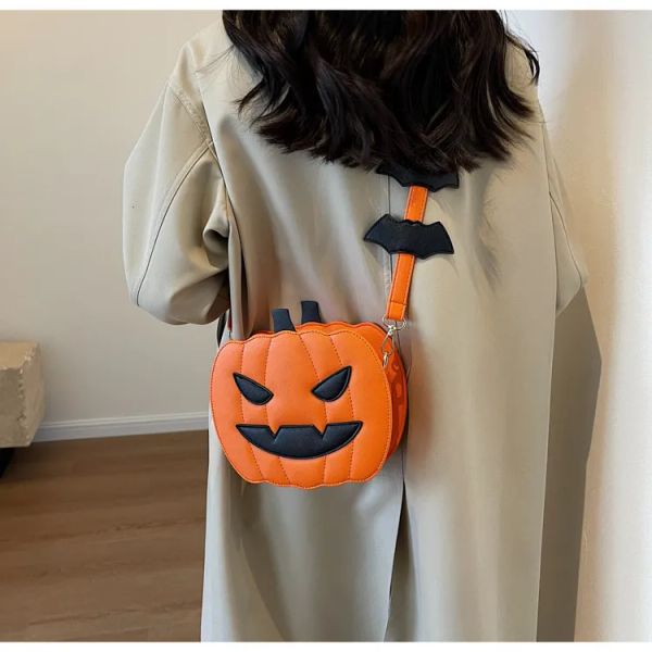

2024 New Fashion Halloween Funny Pumpkin Bun Contrast Color Personalized Creativity Trendy One Shoulder Women's Cartoon Skew Straddle Bag #BFP2410292 PTP2, Orange