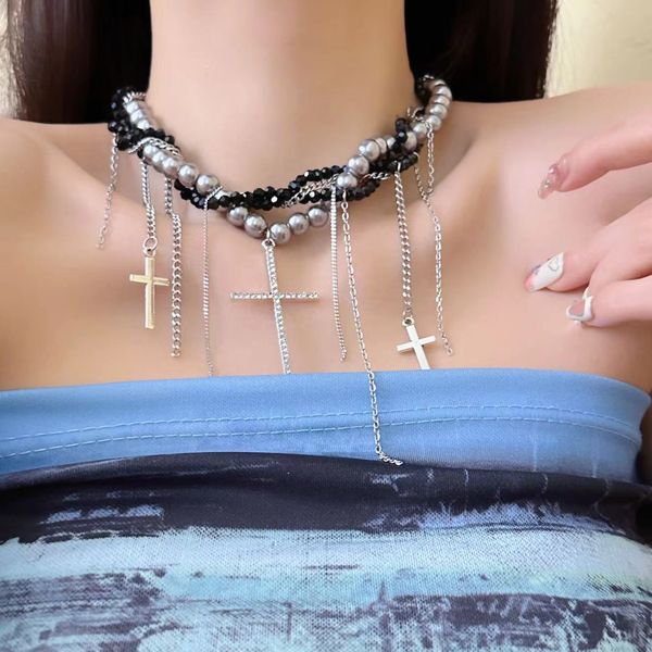 

Exquisite Cross Pendant Necklace Multi-layer Tassel Necklaces Women's Beaded Collarbone Chain Punk Style Choker Necklace Jewelry BXP2410293 PTP1