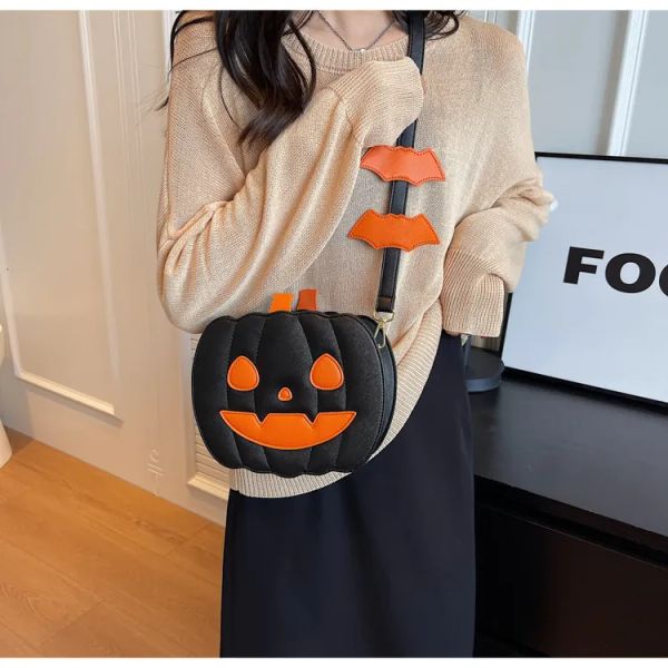 

2024 New Women's Cartoon Skew Straddle Bag Halloween Funny Pumpkin Bun Fashion Contrast Color Personalized Creativity Trendy One Shoulder #BFP2410292 PTP3, Orange