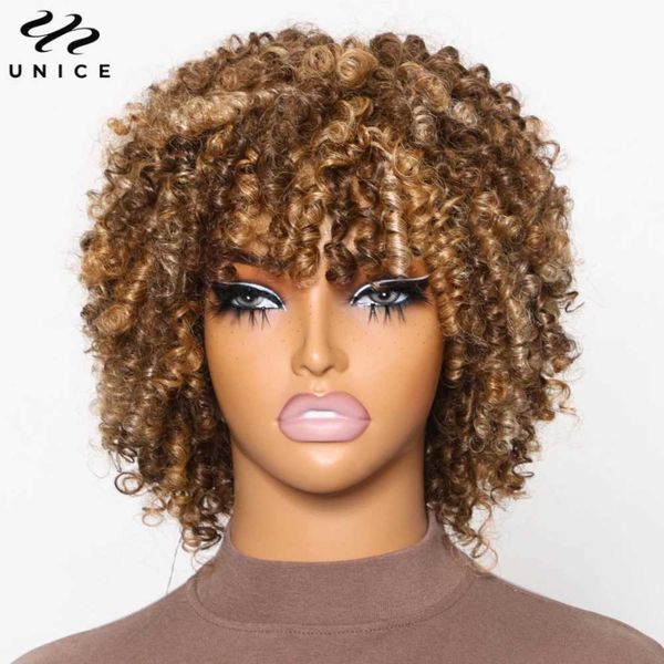 New Arrival Unice Hair Blonde Highlight quirky curly wig with bangs 100% synthetic short bob all male African density 150% Z241028