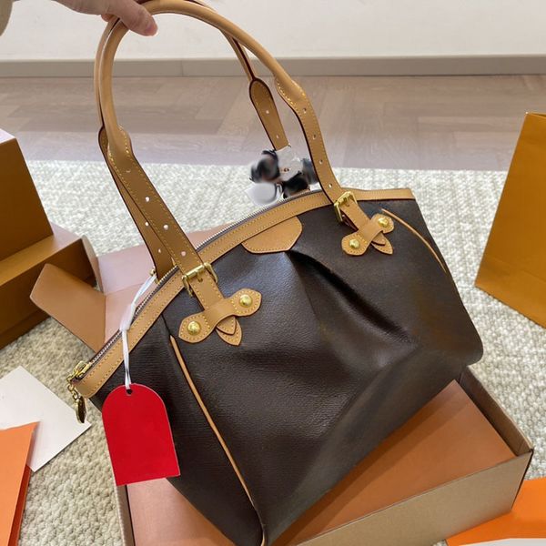 

Vintage Tote Designer Leather Large Capacity Computer Travel Shoulder Casual With Zipper Beach Underarm Bag 32x21cm, Brown