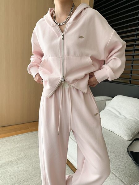 

Designer women's Tracksuits Autumn Style Double Zipper Lazy Casual Hooded Sweatshirt Drawstring Wide Leg Pants Suit Early, Gray