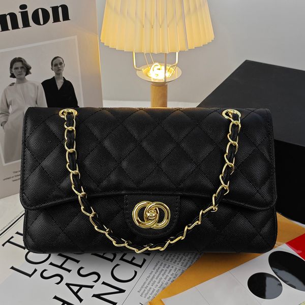 

Designer High quality With box Bag plaid flap caviar shoulder Handbag Sier chain leather double letter Gold color buckle women's bags, Color 6 golden metal 26cm