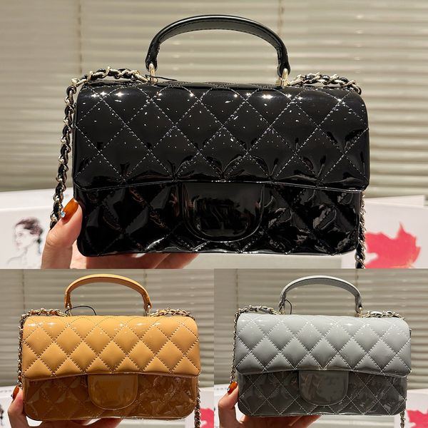 

Shiny Patent Leather Quilted Top Handle Shouder French Brand C Turn Clasp Closure Mini Flap Tote Bag Lady Removeable Woven Chain Strap Clutch Evening Pouch, Grey