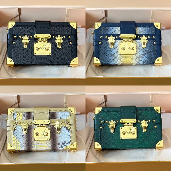 

Python Pattern Mini Petite Malle Hard Trunk Bag Brand L S-lock Cowhide Leather Serpentine Designer Women Shoulder Bags Lady Brass Metal Corner Case Box, Black